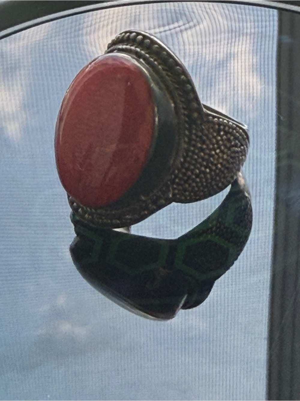 Sterling-Style Unisex Statement Ring with Red Stone and Green Inlay